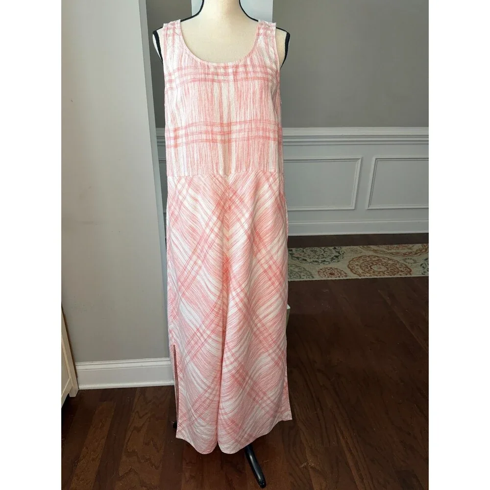 J Jill Love Linen maxi Plaid Dress Pink /white Sleeveless a-line Large Tall - Picture 1 of 8